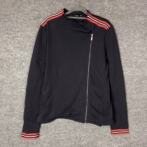 Saint + Sofia Women Black Asymmetric Zip Moto Jacket Organic Cotton Stripe US 10